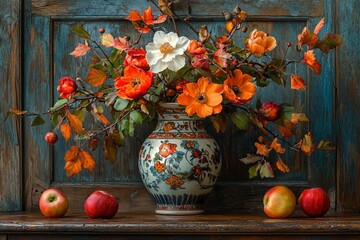 Still Life with Orange and White Flowers in a Chinese Vase on a Wooden Shelf