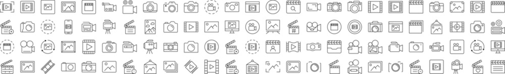 Clapperboard, Photo Camera, Movie, Picture Line Icon Collection. Editable Stroke. Minimalistic Linear Pictogram for Design of Cards, Apps, Banners, Posts