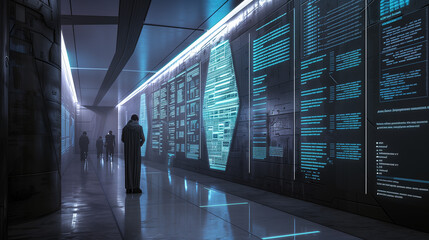 A futuristic corridor with holographic data panels on the walls, people observing, and glowing blue lights