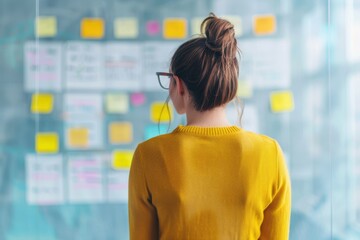Back view of a woman in a yellow sweater analyzing colorful sticky notes on a brainstorming board during a creative planning session.