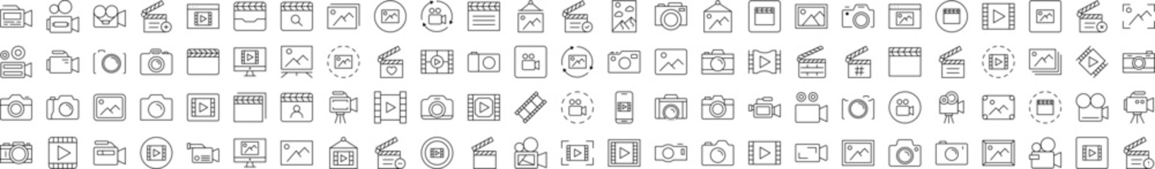 Pack of Line Icons of Clapperboard, Photo Camera, Movie, Picture. Editable Stroke. Minimalistic Linear Pictogram for Design of Cards, Apps, Banners, Posts