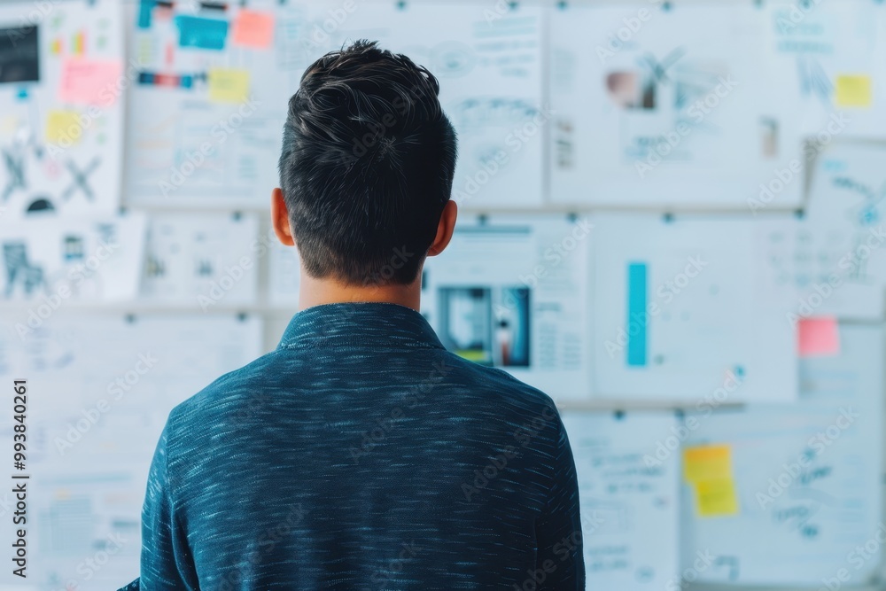 Aufkleber man standing in front of a project planning board, studying charts, diagrams, and sticky notes durin