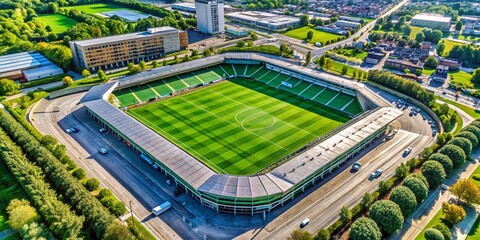Aerial view of a modern football stadium showcasing vibrant green pitch and surrounding infrastructure
