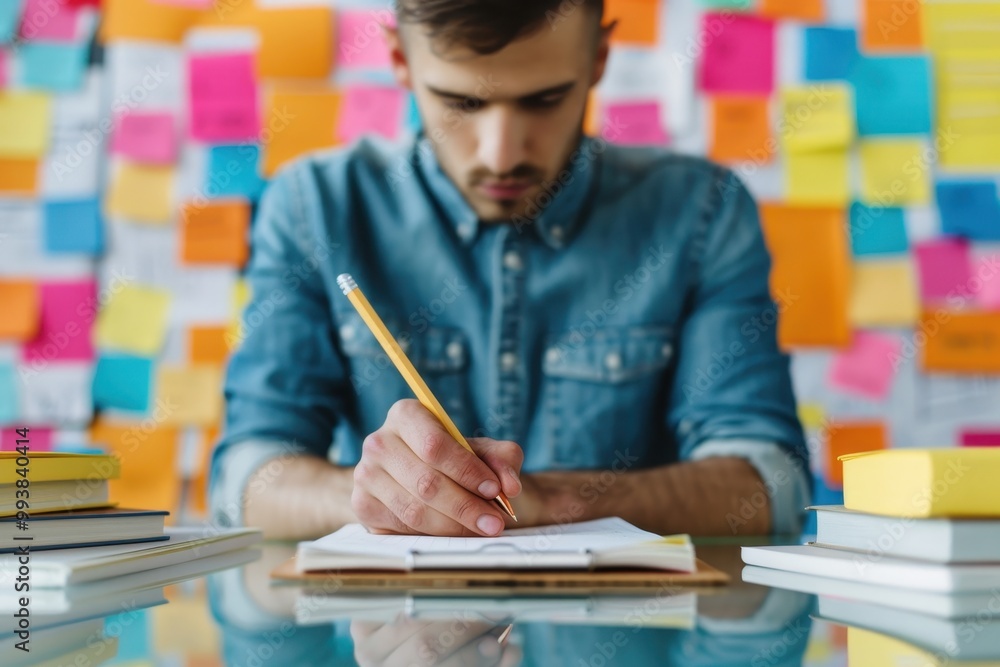 Poster focused man writing in a notebook with colorful sticky notes in the background, participating in a b