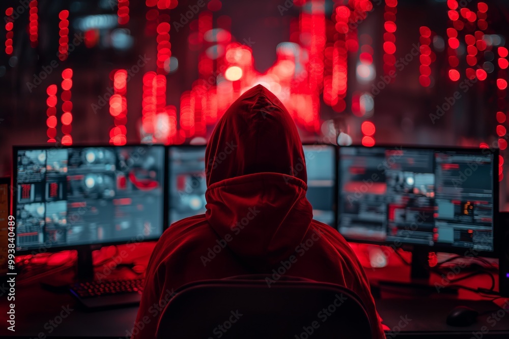 Poster hacker wearing a hoodie is breaching cybersecurity using computers at night