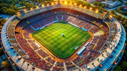Obraz premium Aerial view of a vibrant soccer field surrounded by a large stadium filled with cheering fans