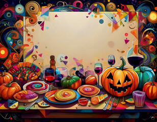 Obraz premium ハロウィーンの優雅な食卓を幾何学模様と融合して表現するフレームアートの図形楽譜 バウハウス調でたくさんの種類のお菓子、洋食、お酒、ロウソク、装飾をランダムに配置