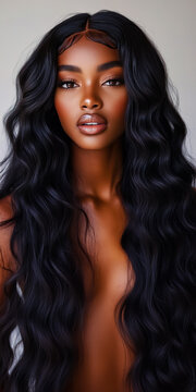 Portrait of an African American hair model showcasing long, all-black deep wave hair extensions.