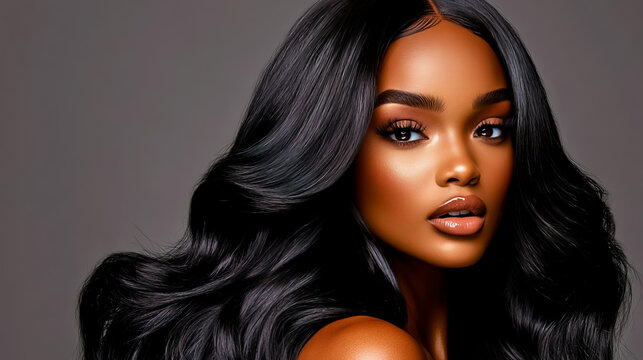 Portrait of an African American hair model showcasing long, all-black deep wave hair extensions.