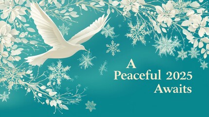 White Dove Flying Over Snowflakes on Teal Background with New Year Greeting