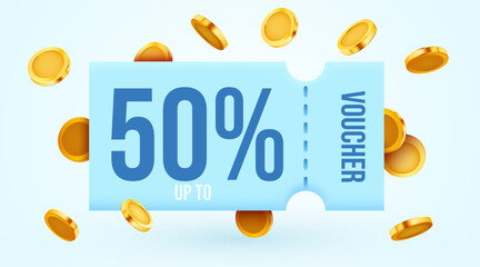 3d coupon with golden coins and present box. Special giveaway with coupons or voucher, percentage off. Gift voucher and gold coin sign template.