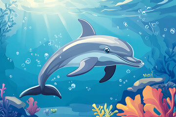 Obraz premium A cheerful dolphin swims gracefully in a vibrant underwater scene filled with corals and bubbles.