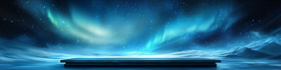 Fototapeta premium Enchanting aurora borealis landscape with vivid green, blue, and purple lights, providing a stunning backdrop for showcasing various products or vehicles. Perfect for background use in commercials, 