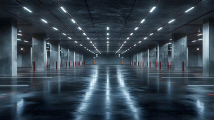Obraz premium Empty Parking Garage with Fluorescent Lights 3D Illustration