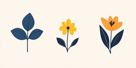 Minimalist Flat Illustration of Three Nature Symbols: Flowers, Leaves, and Petals on Off-White Background