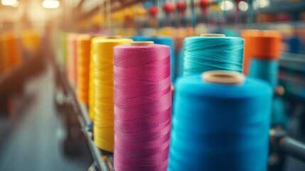 Colorful Threads on Spools in a Textile Factory Production Line. AI generated illustration