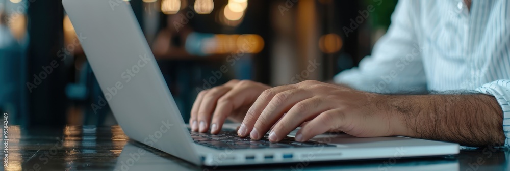 Poster close-up shot of hands typing on a laptop keyboard in a modern workspace with soft ambient lighting,