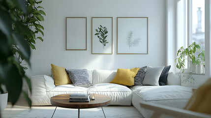Living Room with White Sofa, Wooden Coffee Table, and Greenery 3D Render