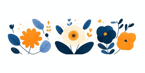 Minimalist Flat Illustration of Three Nature Symbols: Flowers, Leaves, and Petals on Off-White Background
