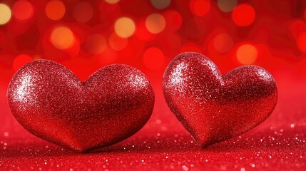 Obraz premium Two sparkling red hearts on a shimmering red background, perfect for Valentine's Day.