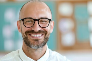 Fototapeta premium Close-up portrait of a smiling bald man with glasses in a bright indoor setting, showcasing a cheerful and friendly expression.