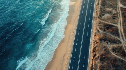 Deserted coastal road next to a beach, aerial shot with large copy space for text or design.