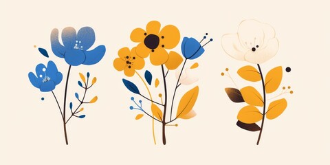 Three Colorful Flowers on a Clean White Background