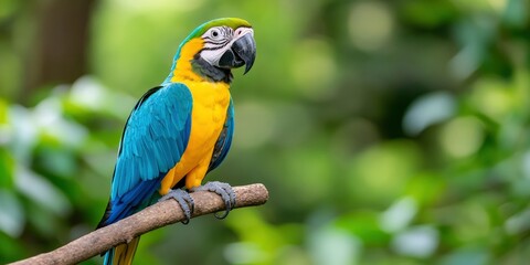 Fototapeta premium blue and yellow macaw sitting on a branch with blur forest background