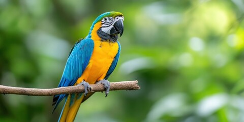 Obraz premium blue and yellow macaw sitting on a branch with blur forest background