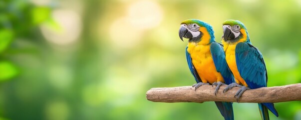 blue and yellow macaw sitting on a branch with blur forest background
