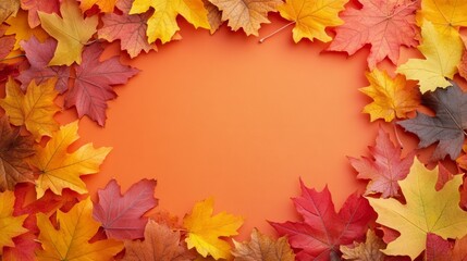 Colorful autumn leaves border on orange background.