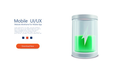 3D vector illustration of a transparent glass battery with a green energy charge and a lightning bolt symbol, representing renewable energy, sustainability, and battery technology advancements