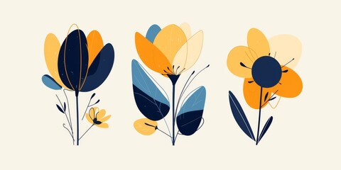  Three Flowers in Bold Geometric Style on a White Background