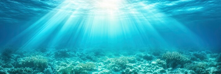 Fototapeta premium Blue ocean surface with coral reefs and sun rays coming from above