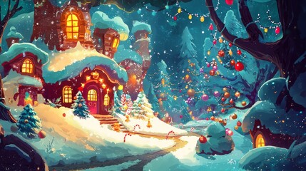 Festive winter village scene with a snow-covered house and glowing windows, surrounded by trees decorated with Christmas lights and ornaments.