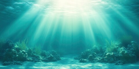 Fototapeta premium Blue ocean surface with coral reefs and sun rays coming from above