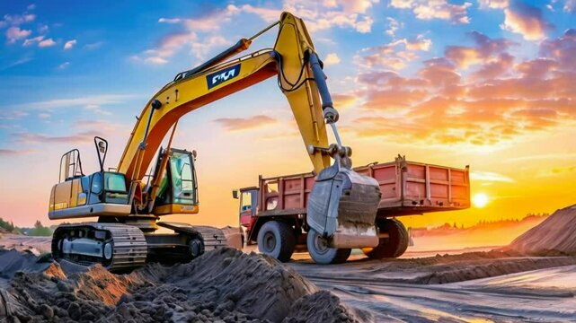 Excavator and dumper truck. Heavy excavator loading dumper truck with sand in sandpit at dawn