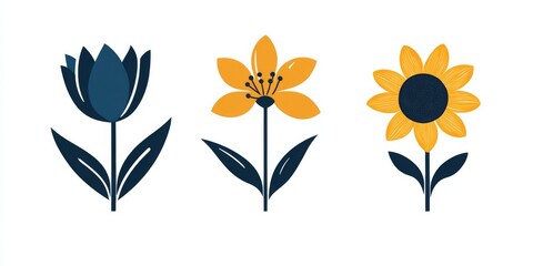  Three Flowers in Bold Geometric Style on a White Background