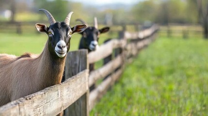 Obraz premium Farm goats standing near a wooden fence, lush green fields around, no people, with ample copy space.