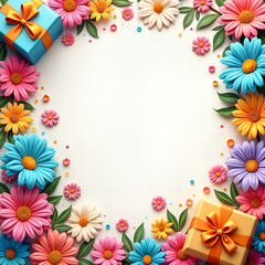 Festive background. Vibrant and colorful arrangement of flowers, gifts, and a large empty space in the center, all set against a white background.