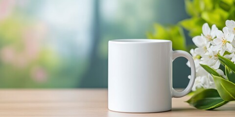 A white coffee cup sits on a wooden table next to a green leafy plant