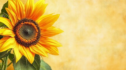 Fototapeta premium Single sunflower with bright yellow background and ample copy space 