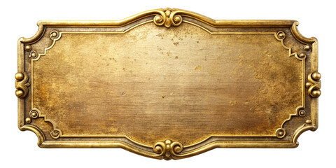 Golden antique vintage grunge metal mockup sign or panel template isolated on white background. Vintage retro logos concept.
