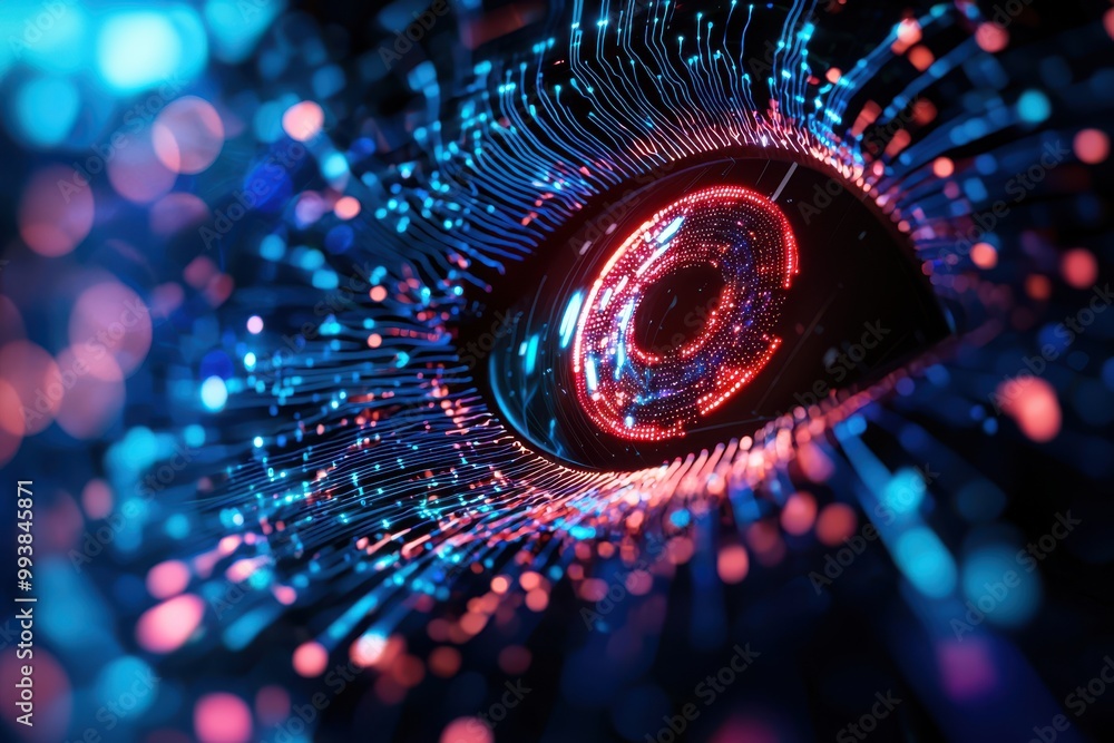 Poster a close-up of a mesmerizing digital eye, vibrant colors and intricate patterns create a stunning vis