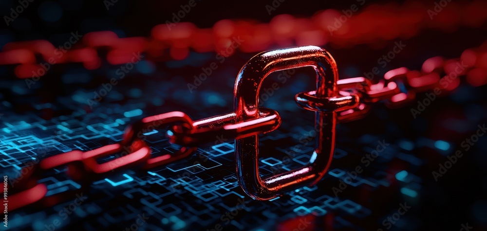 Poster a close-up of a red metallic chain link on a digital background, symbolizing connection and security