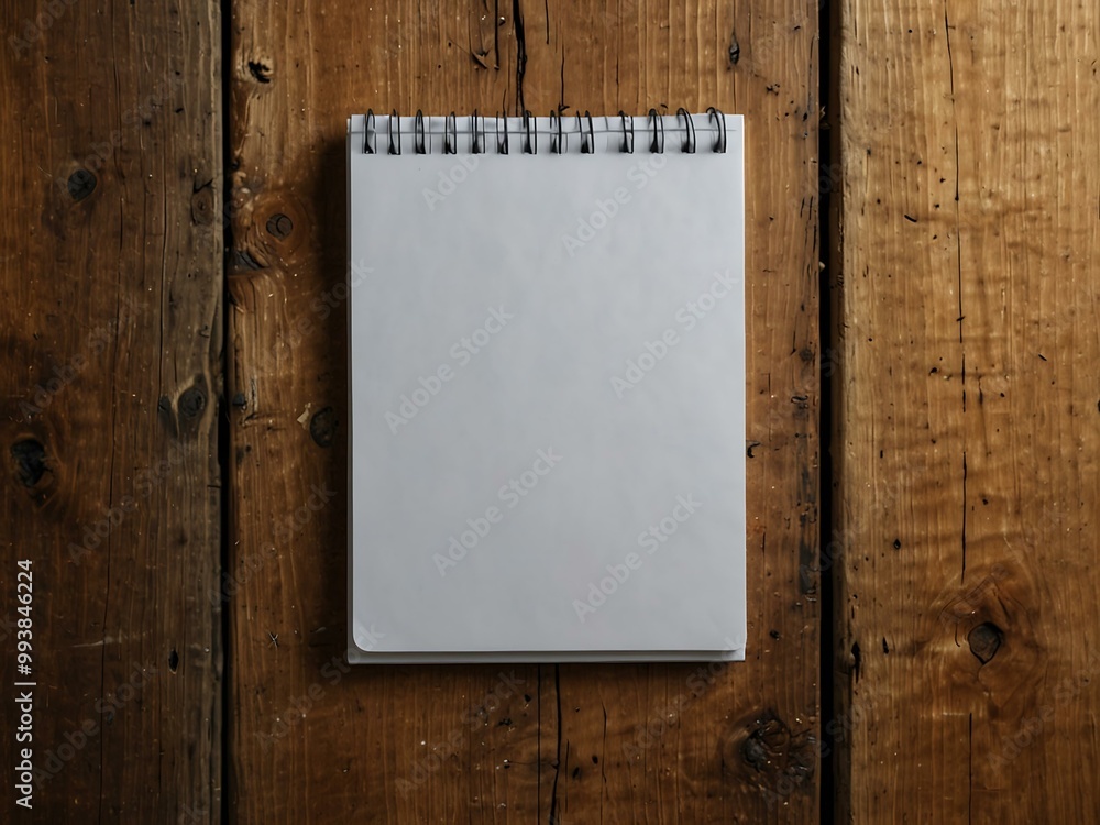 Poster elegant white notepad on a rustic wooden table, with ample space for notes.