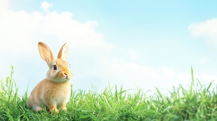Obraz premium Fluffy baby bunny sitting in a patch of grass, clear sky background with wide copy space.
