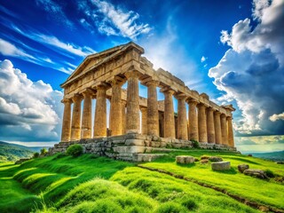 Fototapeta premium Ancient Temple of Jupiter Ruins in a Lush Green Landscape Under a Bright Blue Sky at Daytime