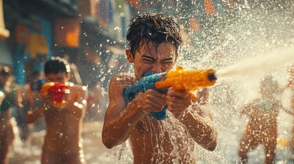 energetic water fight during songkran festival with colorful water guns and joyful atmosphere