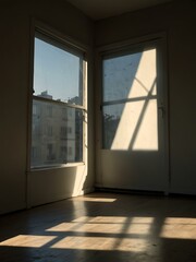 Empty room with a window casting shadows and natural light.